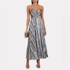NWT INTERMIX Juniper Silver Snake Print Pleated Maxi Halter Dress Sz 8